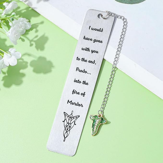 1Pc Fantasy Bookmark Gift Set - Metal Bookmarks with Elvish Leaf Pendant, Sword Charm & Evenstar Engraving, Epic Quotes Carved Jewelry for Book Lovers, Dark Academia Gifts for Readers (Elvish Leaves)