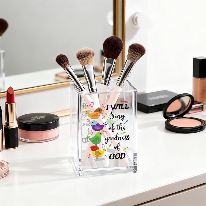 I Will Sing Of The Goodness Of God Pen Holder Makeup Organizer, Funny Bird Christian Pencil Pen Holder for Desk, Musical Notes Desk Accessories Bible Verse Pencil Cup, Religious Gifts Organizer