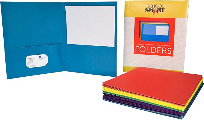School Smart 2-Pocket Folders, Assorted Colors, Pack of 25 - 084900