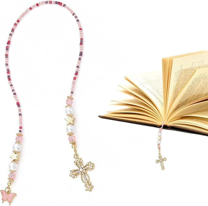 Vintage Pink Cross Beaded Bookmark - Butterfly Beads Book Mark for Women, Christian Religious Aesthetic Accessories Bookish Gifts for Booklovers Students Teachers