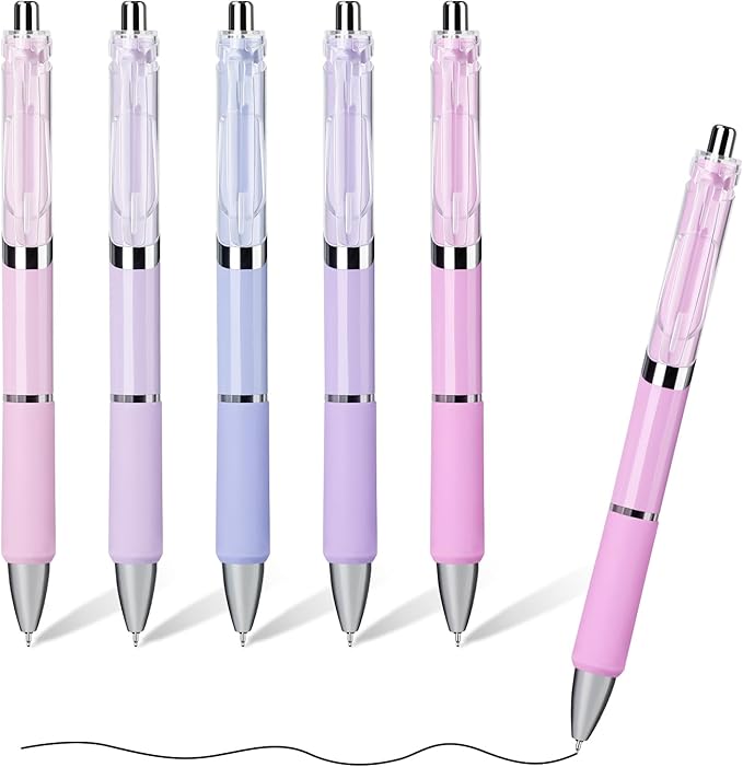 Temiary 5 Pcs Retractable Gel Pens, 0.5 mm Black Ink Fine Point Quick Dry Gel Ink Pen, Aesthetic Smooth Writing for School Office Journaling Note Taking and Sketching (Purple)