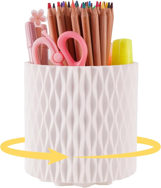 White Pen Holder for Desk, 360° Rotating Pencil Holder with 5 Slots - Spinning Desk Organizer & Pencil Cup for Art Supply, Office Pen Organizer for Home, School, Desk Accessories