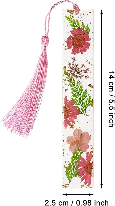 Penta Angel Dried Flower Resin Bookmarks Handmade Clear Pressed Floral Page Markers with Silky Tassel Reading Gift for Women Adults Graduation Valentine’s Day Christmas (Pink & Green)
