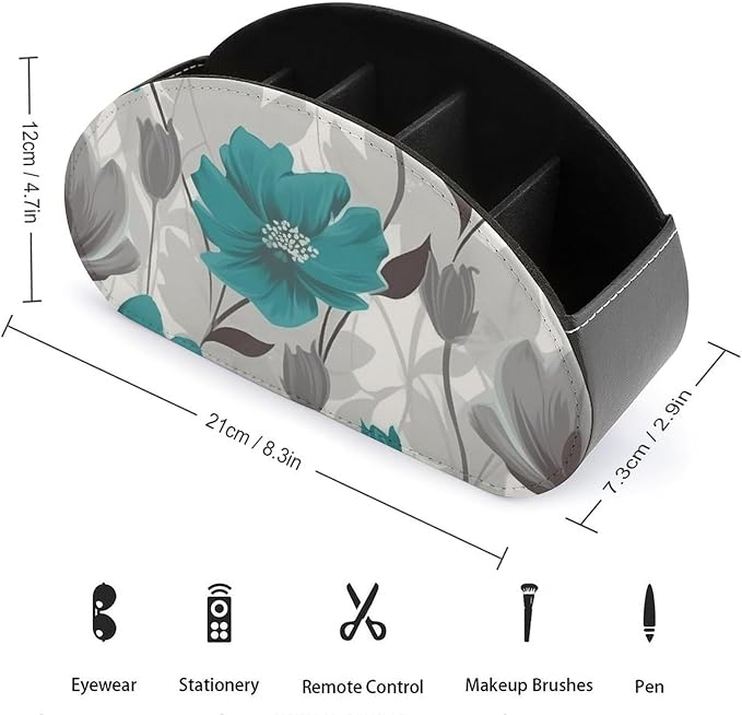 Teal Grey And White Floral Remote Control Holders Waterproof Pu Leather TV Remote Holder Desktop Storage Organizers Remote Caddy Box with 5 Compartments for TV Remotes/Media Controllers/Office Supplie