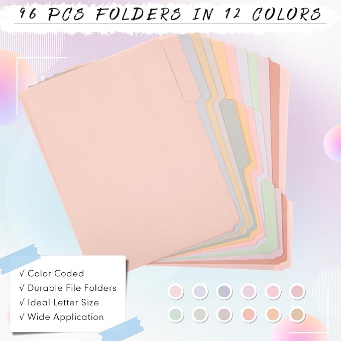 96 Pcs File Folders 9.5x11.6 Inch Manilla Folders Letter Size with 1/3 Cut Tabs 12 Colored Office Home School Organizers for Documents, Classroom Supplies and Paper Storage (Sweet Color)