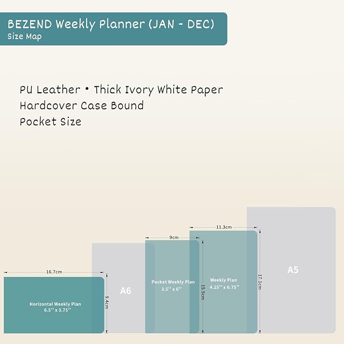 BEZEND Pocket Planner 2026 Weekly and Monthly (6" x 3.75") Small Calendar Book with Daily Vertical Timeslot (Jan-Dec), Equal Space Even Weekend, Work Home Women, PU Leather Hardcover - Prussian Blue