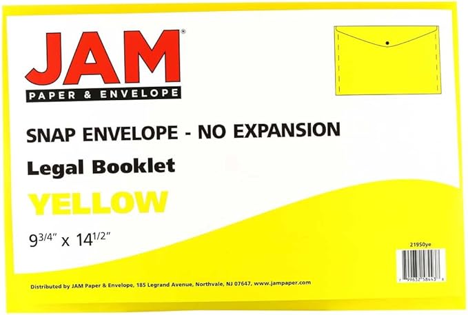 JAM PAPER Plastic Envelopes with Snap Closure - Legal Booklet - 9 3/4 x 14 1/2 - Yellow - 12/Pack