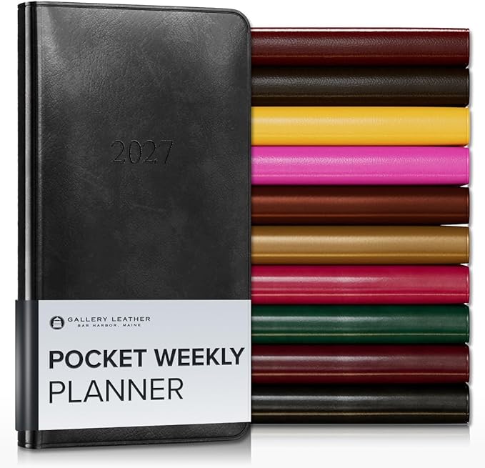 Gallery Leather Pocket Weekly Monthly Planner 2027, Elegantly Bound Calendar Planner and Notebook with Stylish Gold-Gilded Page Edges, 12 Months - Acadia Black - 6x3.25"
