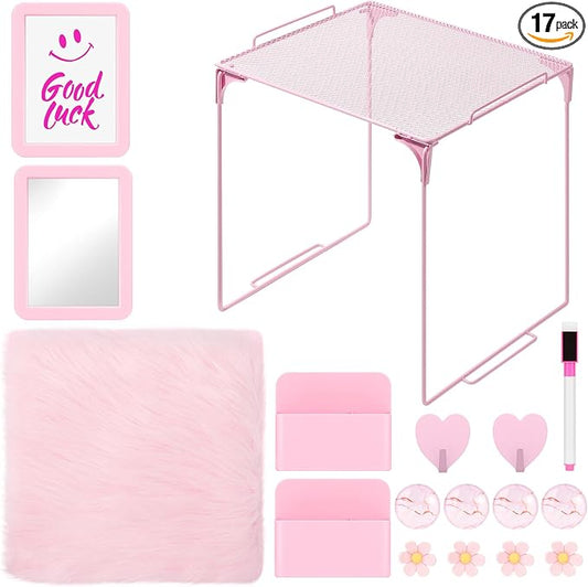 MoKo 17 Pcs Pink Locker Accessories for Girls, Cute Locker Accessories Kit with Mesh Shelf, Magnetic Dry Erase Board, Mirror, Marker Holder, Marker, Plush Rug, Magnets, Lockers Decor for School & Work