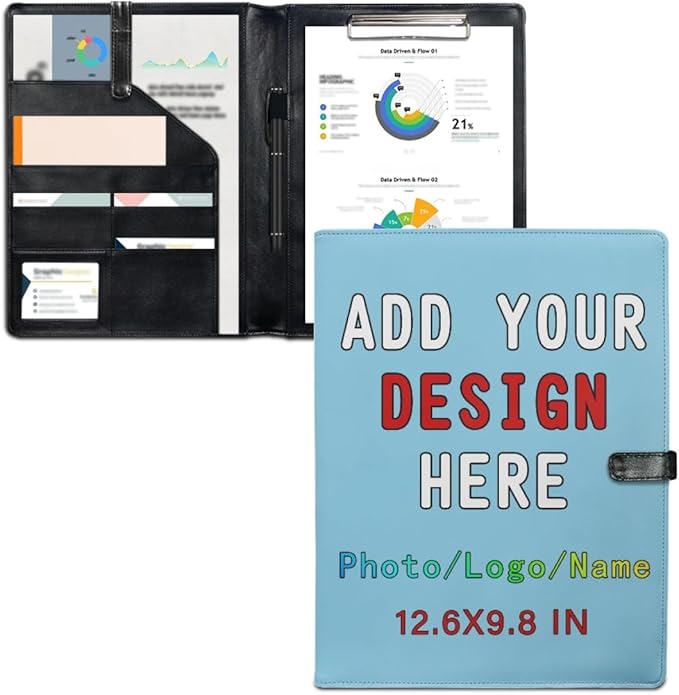 Personalized Padfolio Clipboard Folder Add Your Own Logo Text Text, Custom Leather Portfolio for Men Women with A4 Size Clip Board, SkyBlue