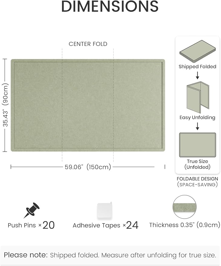 Fluxnara Bulletin Board,Cork Board Alternative with Safe Removable Adhesive Tabs, Foldable Felt Pin Board for Home Office, Classroom, Bedroom,Entryway for Walls (Sage, 59 x 35.4 inches)