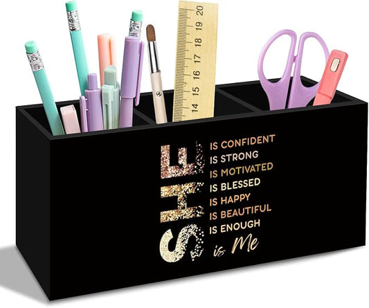 Black Gold Affirmations Pen Pencil Holder for Desk, Inspirational Self Care Office Desk Accessories, Self Love Positive Holders Organizer for Women Girls, She Is Me