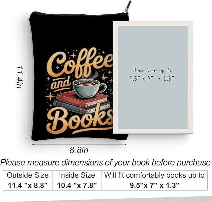 Drink Coffee Read Books Book Sleeve, Book Lovers Gifts Sleeve with Zipper & Front Pocket, 11.4x8.8 Inch Canvas Books Cover Protector Bookish Gifts for Readers Librarian Women Teacher