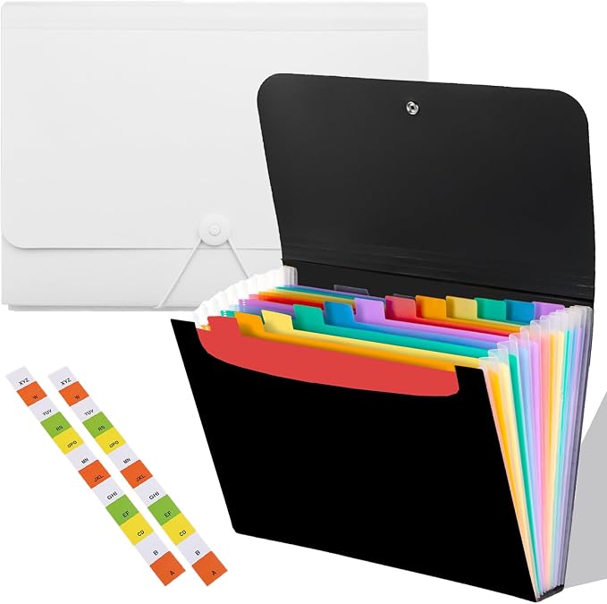 Expanding File Folder 13-Pocket Accordion Organiser | A4 Document Folder for Paperwork Storage | Portable Concertina Expanding File for Office/Home/School Use (Colored Inserts)
