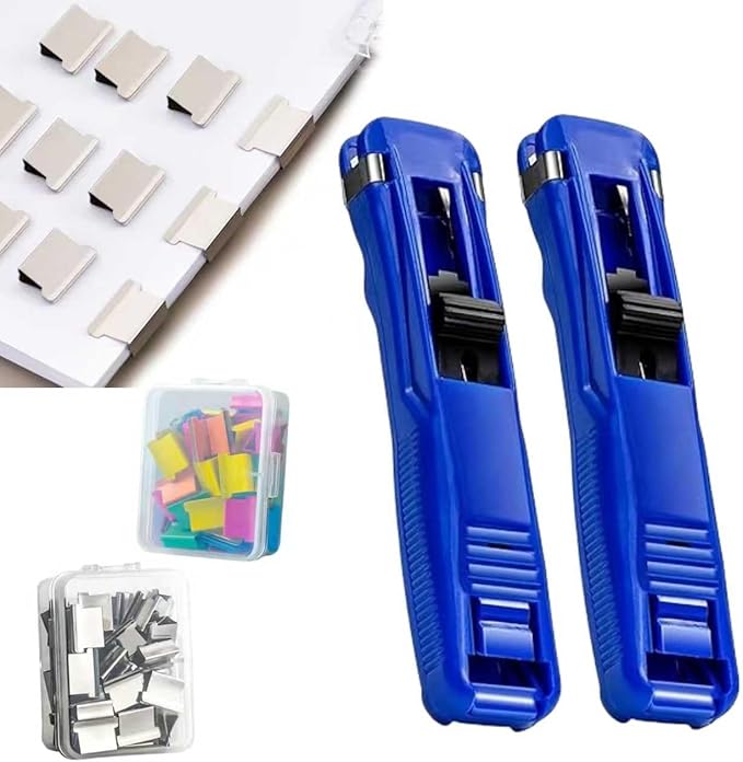 Portable Binder Clip Stapler - Includes 50 Reusable Clips Desktop Push Stapler Binder Clip Paper Clamps Handheld Reusable Push Paper Dispenser for Document School Office (2PCS B)