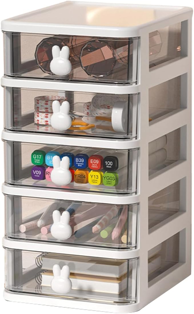 ZJchao Plastic Drawers Organizer Plastic Storage Drawer Desk Drawer Organizer Multi Tier Large Capacity Transparent with Bunny Handle for Office Supplies Books Pens (White, 5 Tier(13.4x17x26cm))