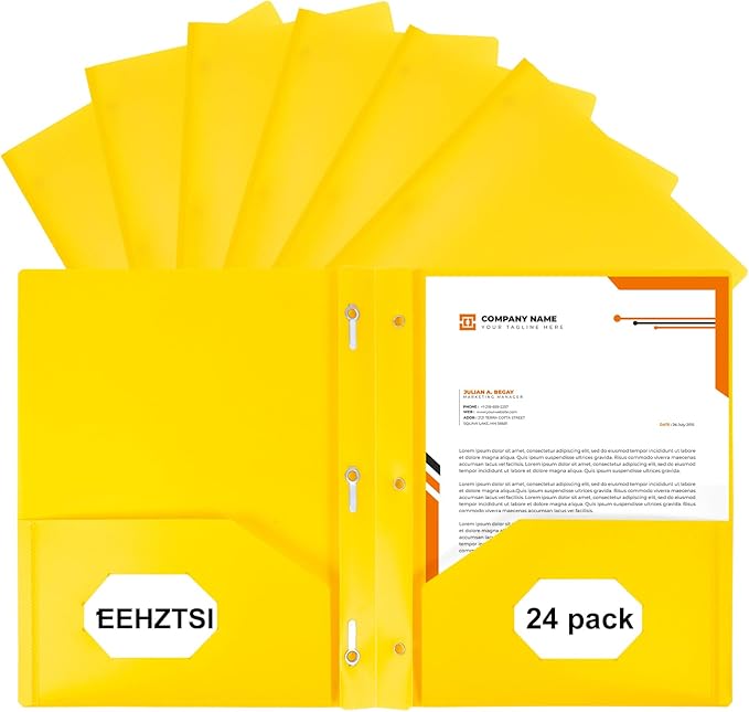 24-Pack Plastic Folders with Pockets and Prongs,2-Pocket Folders with 3 Fasteners, Holds 8-1/2" x 11" Paper for School/Office/Home, Yellow