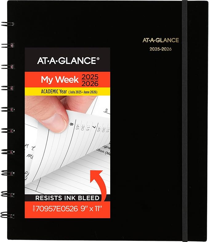 AT-A-GLANCE Planner 2025-2026 Academic, Weekly & Monthly, Quarter-Hourly Appointment Book, 9" x 11", Large, Monthly Tabs, Flexible Cover, Move-A-Page, Black (70957E05)