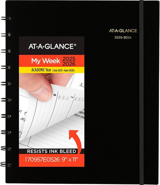 AT-A-GLANCE Planner 2025-2026 Academic, Weekly & Monthly, Quarter-Hourly Appointment Book, 9" x 11", Large, Monthly Tabs, Flexible Cover, Move-A-Page, Black (70957E05)