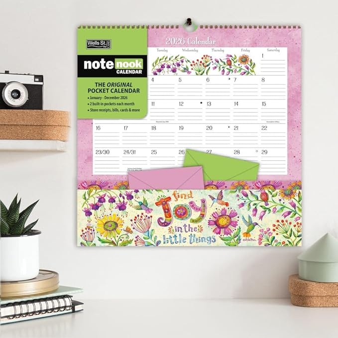 WSBL Simple Inspirations 2026 Note Nook Wall Calendar – 12-Month Organizer Calendar with Dual Storage Pockets, Uplifting Inspirational Art by Debi Hron, 12″ × 12.125″