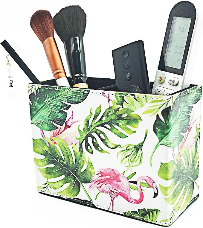 Pen Holder, Rectangle Vintage Pencil Holder with 2 Compartments, PU Leather Art Remote Control Holder Organizer Storage for Desk Accessory (Flamingo)