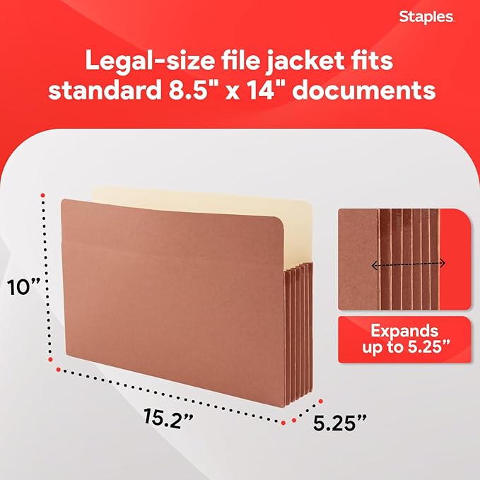 Staples Reinforced File Pockets, Legal Size, 5.25‑Inch Expansion, Heavy‑Duty Brown Accordion Folders with Strong Gussets – 10/Pack