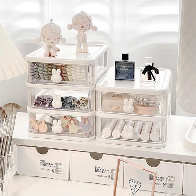 Bunny Drawer, Bunny Drawer Organizer with Bunny Handle Large Capacity Drawer Organizer for Books, Pens, Office Supplies, and Small Accessories (3 drawer, White)