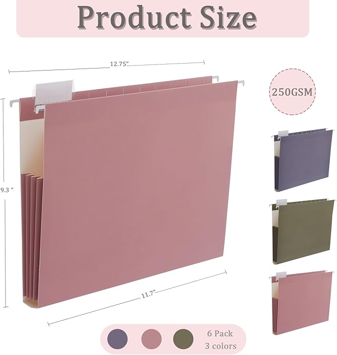 6 Pack Extra Capacity Hanging File Folders Letter Size, Reinforced Expandable Folders with 1/5-Cut Tabs for Filing Cabinets, Durable Office & Home Organizer, Ambient