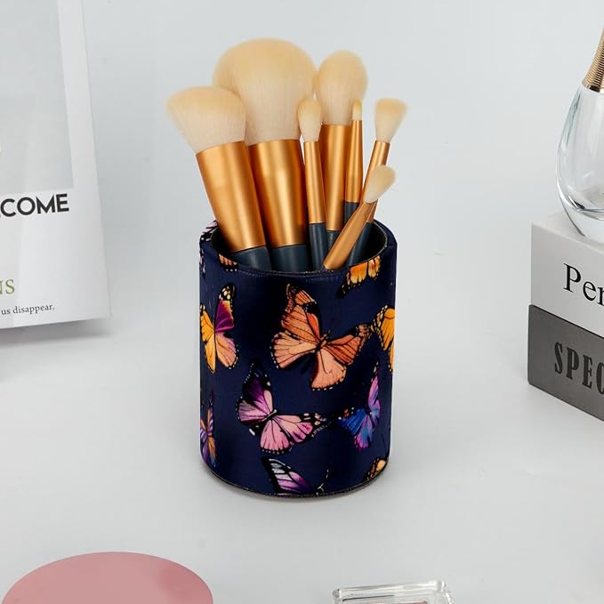 Pen Holder for Desk, Seamless Butterflies Aesthetic Pattern Leather Round Pencil Cup Stationery Supplies Holder, Large Capacity Makeup Brush Holder for Home, Office