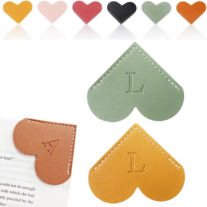 Personalized Leather Heart Bookmark, 26 Letters Customized Corner Book Mark for Reading Women, Book Marker with Initials，Cute Gifts (Green+Light Brown, L)