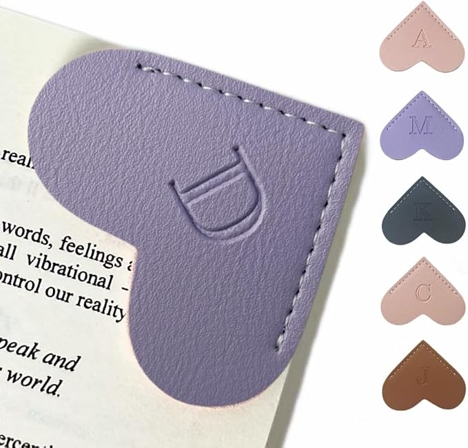 Personalized Leather Book Marks, Heart Bookmark, Unique Cute Handmade Letter Bookmarks Accessories for Reading Women, Teacher, Student, Book Lovers Book Mark Gifts (Purple, D)