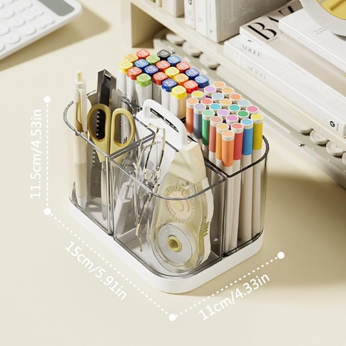 Hggzeg Pen Holder with Handle and Base, Stackable Transparent Desk Caddy 4 Compartments, Plastic Cosmetics Storage Organizer, for Art Supplies, Crafts, Colored Pencils, Stationery, Markers (White)