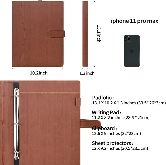 Wonderpool A4 PU Leather Portfolio Holder Ring File Document Case with Removable Binder Clipboard, Multi Pocket and Legal Pad for Business Organizer Interview and Meeting (Wine red)