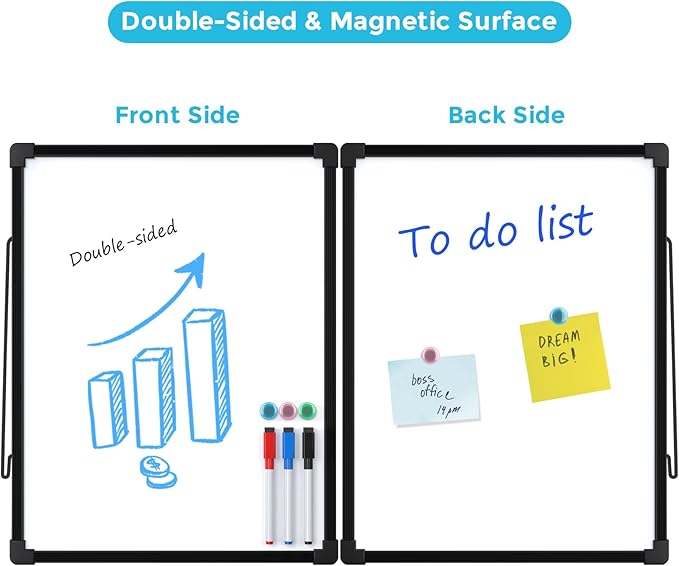 MaxGear Double-Sided Dry Erase Board, 14"x11" Mini Hanging Whiteboard, Small White Board with 3 Dry Erase Markers and 3 Magnets, Portable for Planning, Drawing, Memo, to Do List, Black Frame