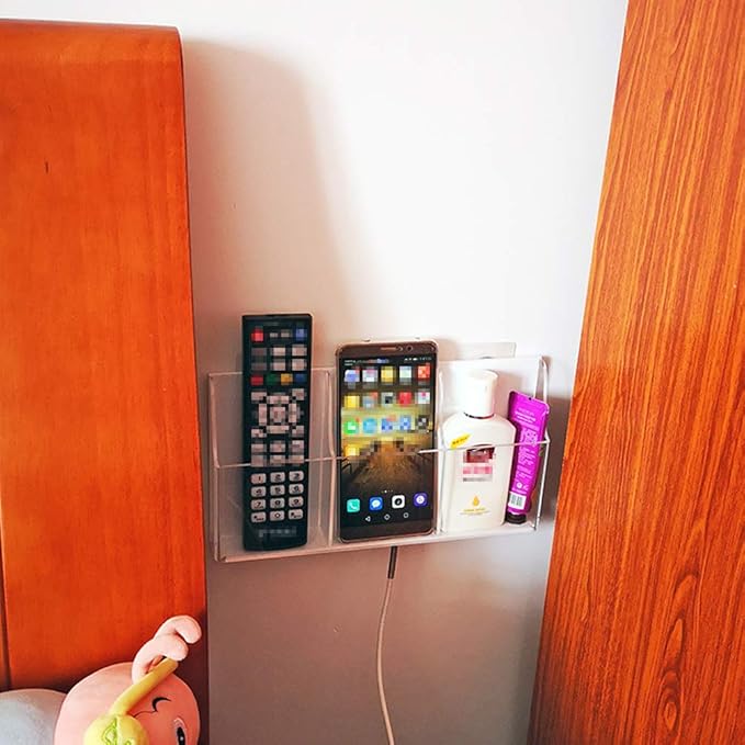 Media Organizer Storage Box Acrylic Transparent Wall Mount Mobile Phone Holder Remote Control (3 Grid)
