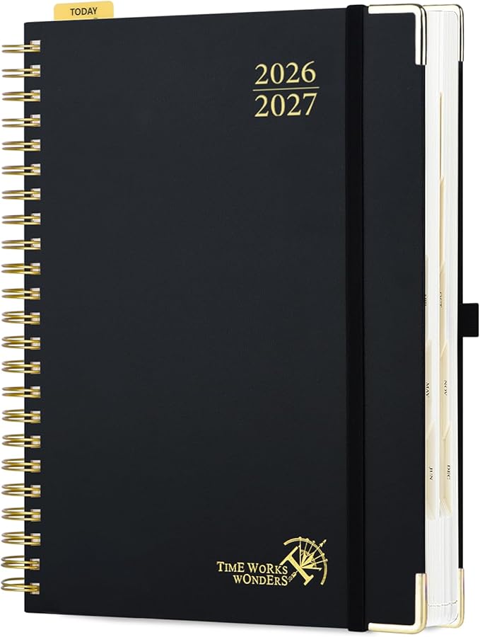 POPRUN 2026-2027 Daily Planner One Page Per Day, Large Size 8.5" x 12", Daily Calendar Book with July 2026 to June 2027, Academic Hardcover Appointment Book with Hourly Time Slots, Spiral Bound, Monthly Tabs - Black