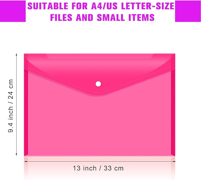24pcs Plastic Filing Envelopes with Snap Button Closure ，Clear Document Folders for Letter A4 Size Files ，Poly Folders，for School and Office Supplies（6Color）