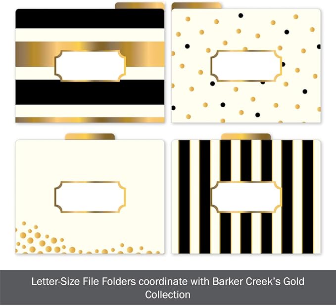 Barker Creek File Folders - Set of 12 Gold Letter Size Folders, 14pt Stock, Multi-Design Set, 1/3 Cut Tabs, Reversible, Home, School and Office Supplies (2001)