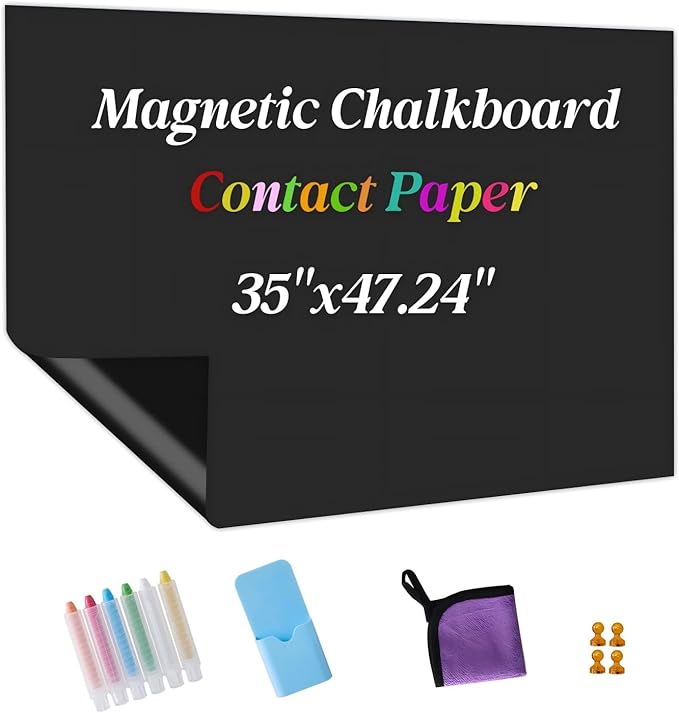 Magnetic Chalkboard Contact Paper Adhesive 35" x 47.24", Magnetic Chalkboards for Wall, Peel and Stick Wall Decal for Classroom Home Includes Dustless Chalks and Wiping Cloth