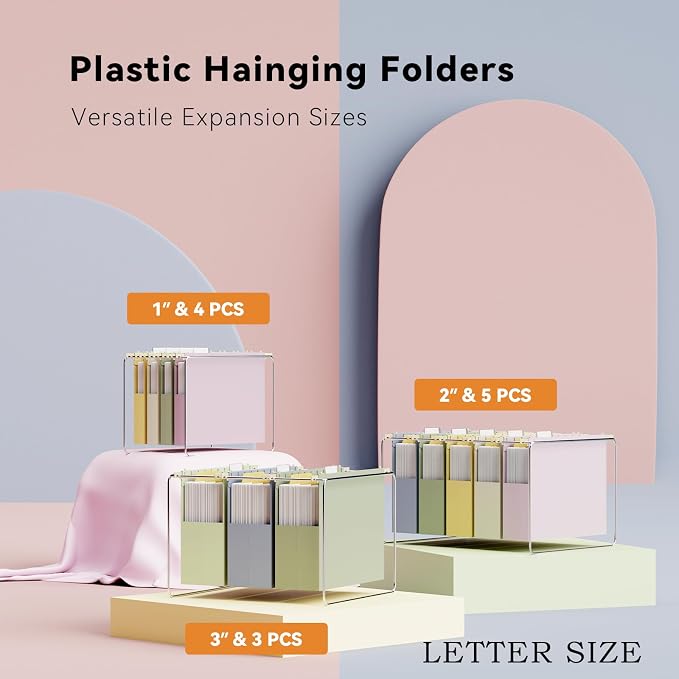 Ansook Plastic Hanging File Folders, 12 Pack Letter Size Hanging Folders with Heavy Duty 1 2 3 Inch Expansion, Expandable Hanging File Folder Organizers for Filling Cabniet - Insertable 1/5-Cut Tabs