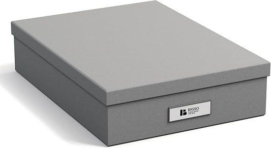 Bigso Oskar Fiberboard Label Frame Document Letter Box - File Organizer Box for Important Paperwork - Document Storage with a Lid & Metal Label Window - 3.3 in x 10.2 in x 13.8 in - Grey