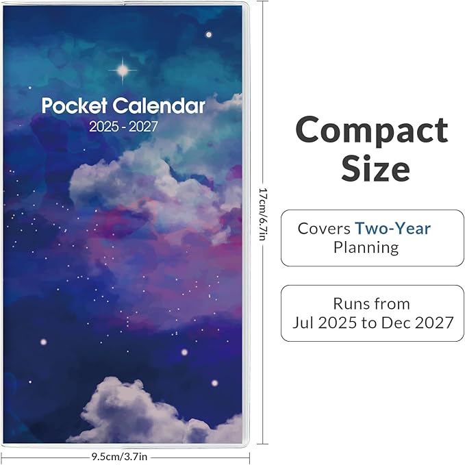 Phyxin Pocket Calendar 2025-2027, Two Year Pocket Planner - Runs From Jul 2025 Until Dec 2027, Small Size Planner - 6.7" x 3.7", Small Calendar for Easy Organizing, Sky