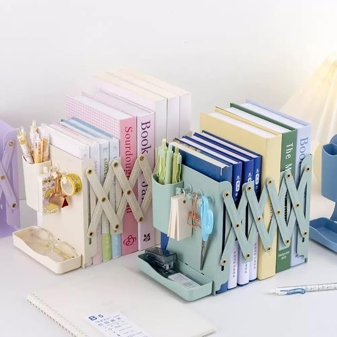 Adjustable Metal Bookends Heavy Duty for Shelves, 2 Dividers, Side Organzier, Anti-Slip Design Expandable Book Ends for Desk, Office(White, 18 inches Max)
