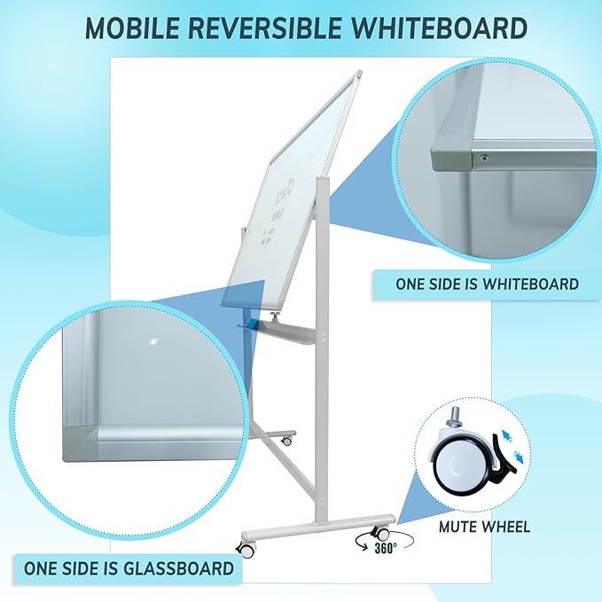 Mobile Glass White Board - Rolling Magnetic Dry Erase Board 48”x36”, Dry-Erase Glass Whiteboard on Wheels, Large Glass Board with Stand for Office, Classroom and Home