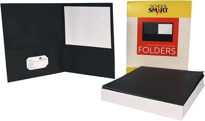School Smart 2-Pocket Folders, Black, Pack of 25