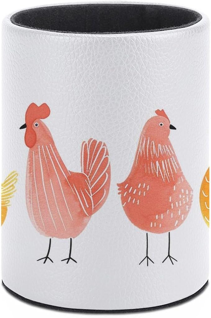 Row of Chickens Pencil Holder Round Pen Cup Hint of Bright Colour PU Leather Marker Holder Makeup Brush Holders Desk Accessories Workspace Organizers for Home School Office