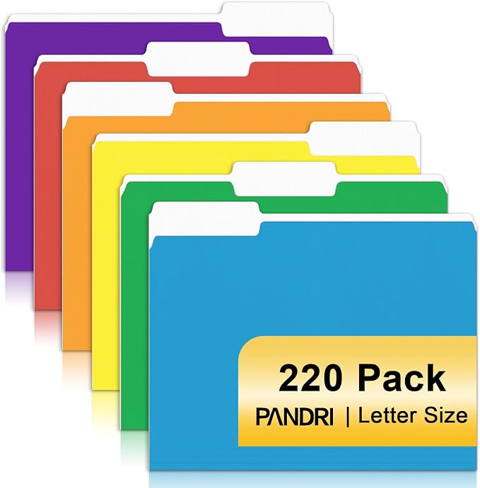File Folder, PANDRI 220 Pack Colored File Folder, 1/3 Cut Tabs, Letter Size, Assorted 6 Colors Filing Folder for Office School Business