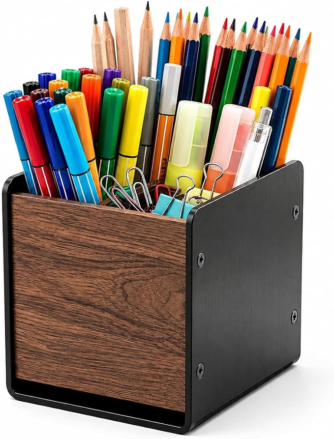 Walnut Desk Organizer, Minimalist Pencil Holder with Metal Frame, Multi-Purpose Storage for Pens, Makeup Brushes & Remote Controls, Modern Office Desk Accessory (1 Slot)
