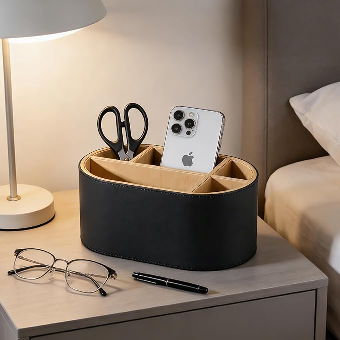 KINGFOM PU Leather Desk Organizer with Multi Compartments, Desktop Caddy Holder for Remote Controls, Pens, Makeup Brushes, Office Accessories (Black)
