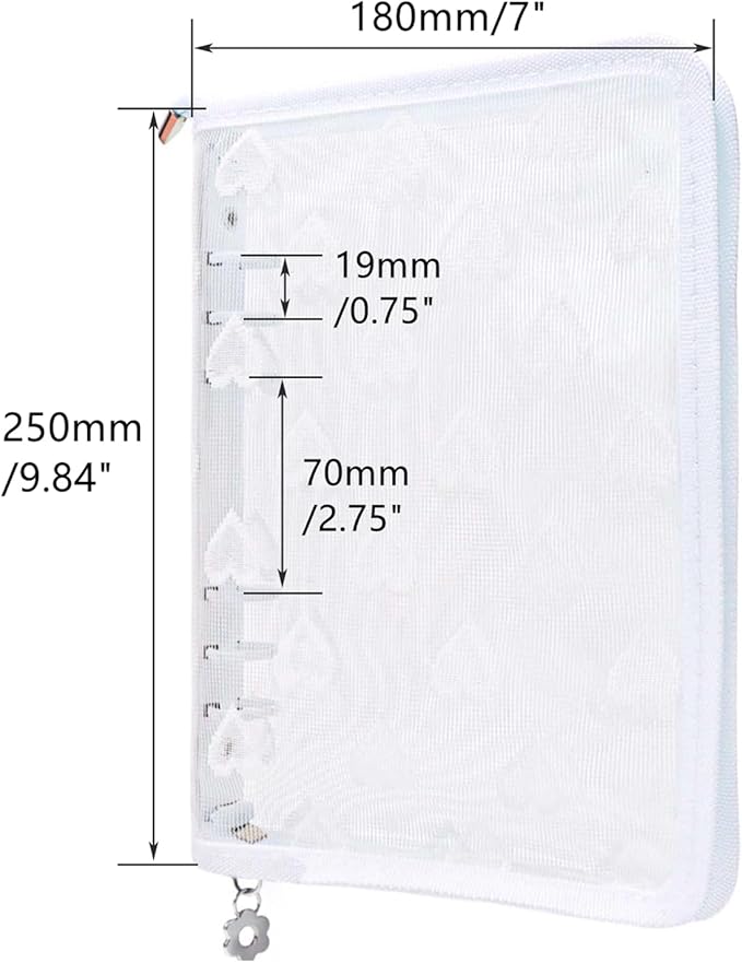 Mogoostry A5 Zippered Binder Cover Clear PVC Zipper Binder Folder Lace Decor 6-Ring Loose-Leaf Notebook Planner Organizer (White)